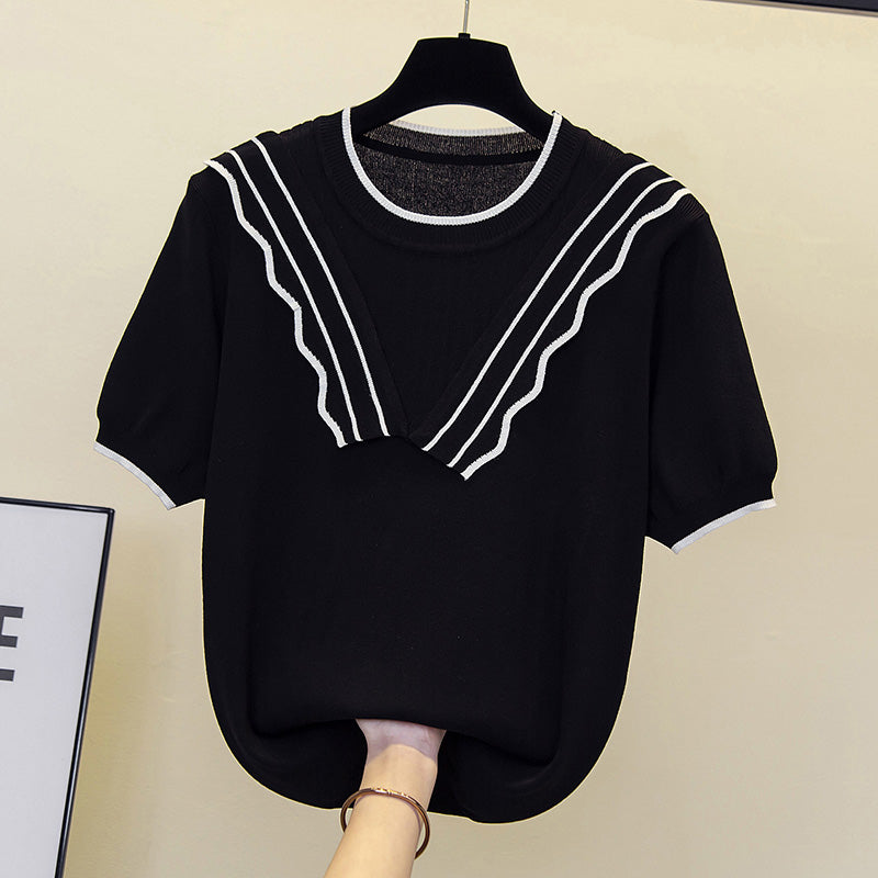 Plus Size Frill Round Neck Knit Blouse