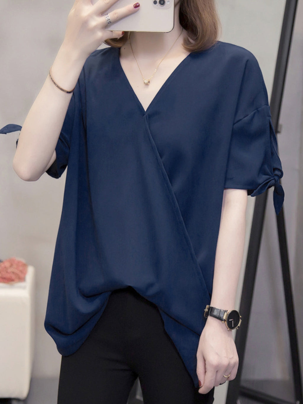 Plus Size Navy Chiffon Wrap V Neck Blouse