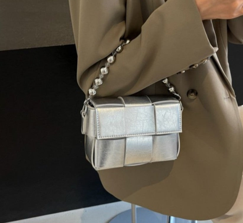 Silver Woven Mini Crossbody Bag - Metallic woven trendy silver handbag