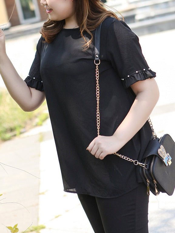 (Ready Stock 6XL - 1 Pc) Vanetta Plus Size Black Chiffon Pleat Pearl Short Sleeve Blouse (EXTRA BIG SIZE)
