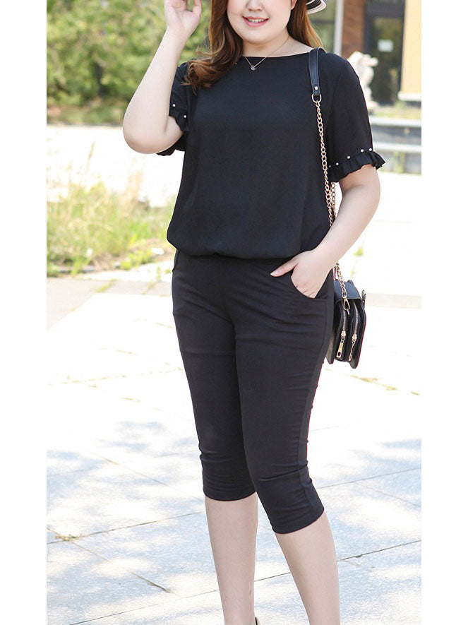 (Ready Stock 6XL - 1 Pc) Vanetta Plus Size Black Chiffon Pleat Pearl Short Sleeve Blouse (EXTRA BIG SIZE)