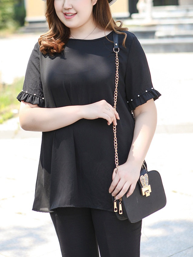 (Ready Stock 6XL - 1 Pc) Vanetta Plus Size Black Chiffon Pleat Pearl Short Sleeve Blouse (EXTRA BIG SIZE)