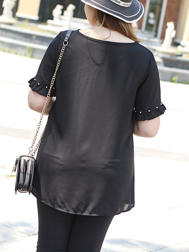 (Ready Stock 6XL - 1 Pc) Vanetta Plus Size Black Chiffon Pleat Pearl Short Sleeve Blouse (EXTRA BIG SIZE)
