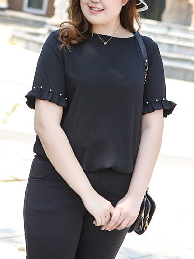 (Ready Stock 6XL - 1 Pc) Vanetta Plus Size Black Chiffon Pleat Pearl Short Sleeve Blouse (EXTRA BIG SIZE)