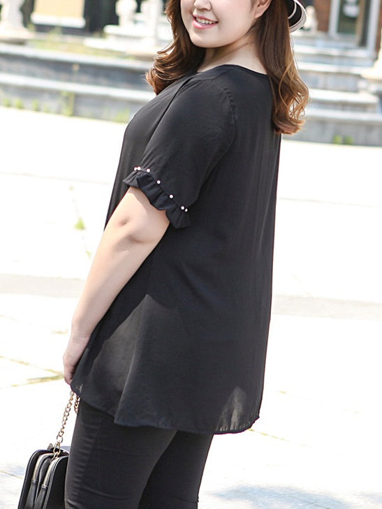 (Ready Stock 6XL - 1 Pc) Vanetta Plus Size Black Chiffon Pleat Pearl Short Sleeve Blouse (EXTRA BIG SIZE)
