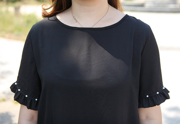 (Ready Stock 6XL - 1 Pc) Vanetta Plus Size Black Chiffon Pleat Pearl Short Sleeve Blouse (EXTRA BIG SIZE)