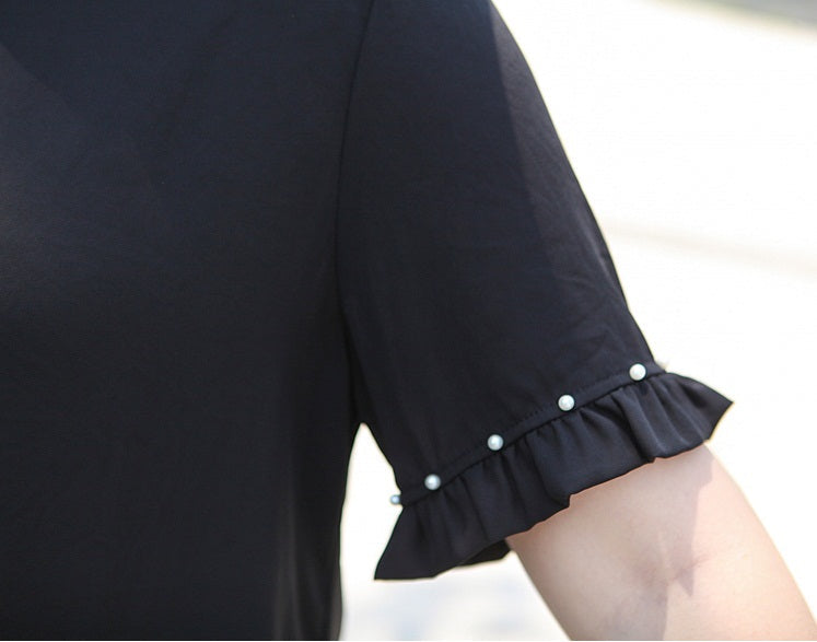 (Ready Stock 6XL - 1 Pc) Vanetta Plus Size Black Chiffon Pleat Pearl Short Sleeve Blouse (EXTRA BIG SIZE)