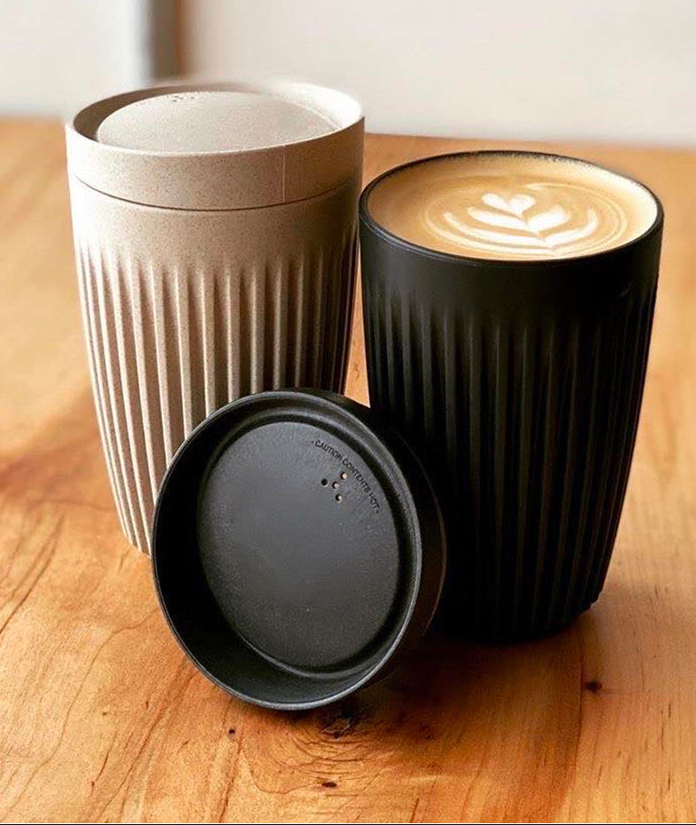 Huskee Coffee Cup + Lid Charcoal/Natural [360ml/12oz] Eco-Friendly Non Toxic