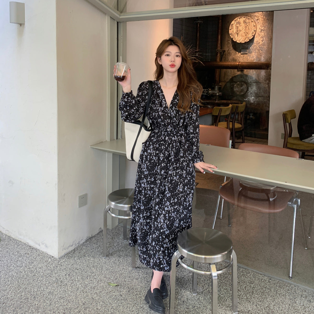 Plus Size Korean Flower Long Sleeve Dress