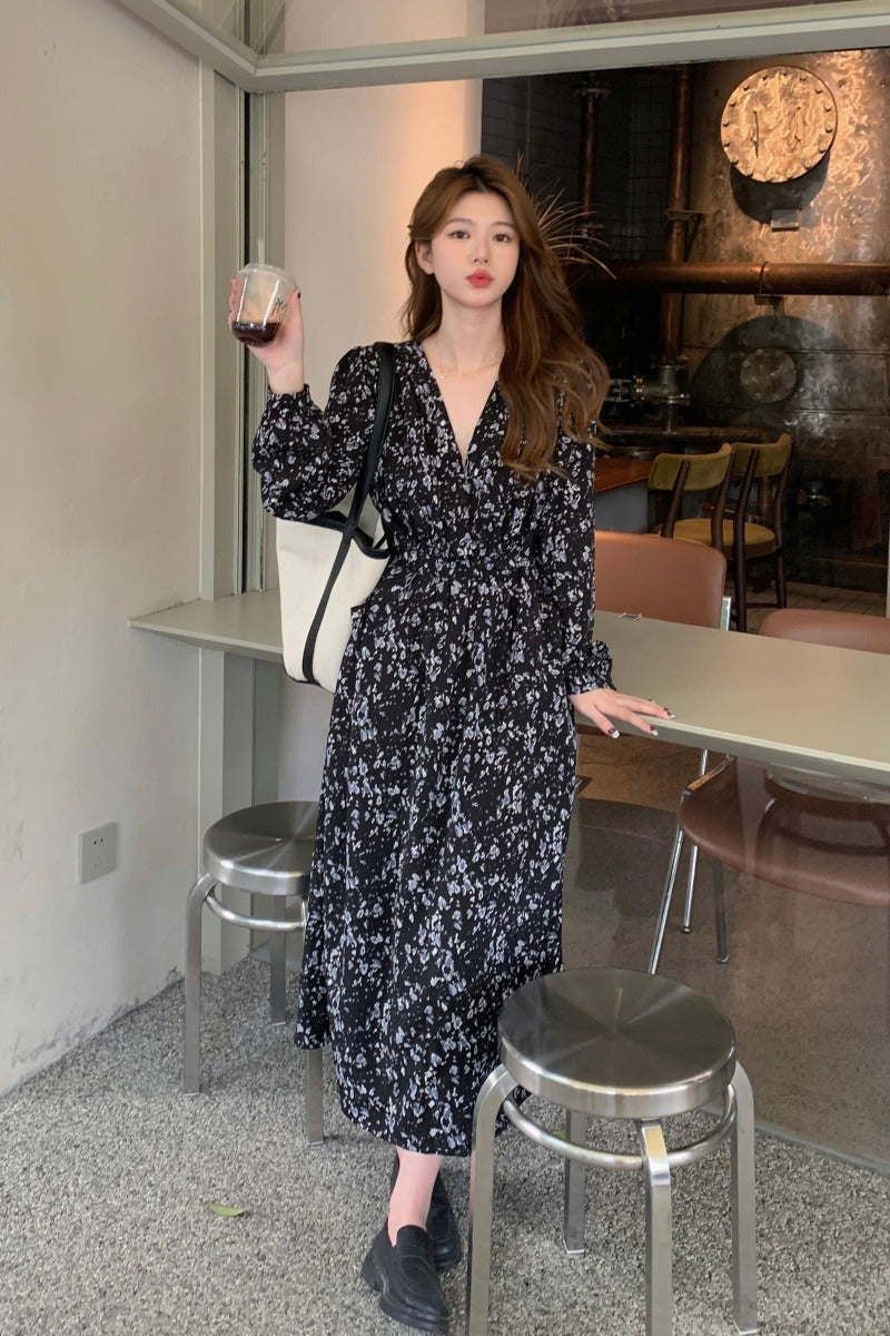 Plus Size Korean Flower Long Sleeve Dress