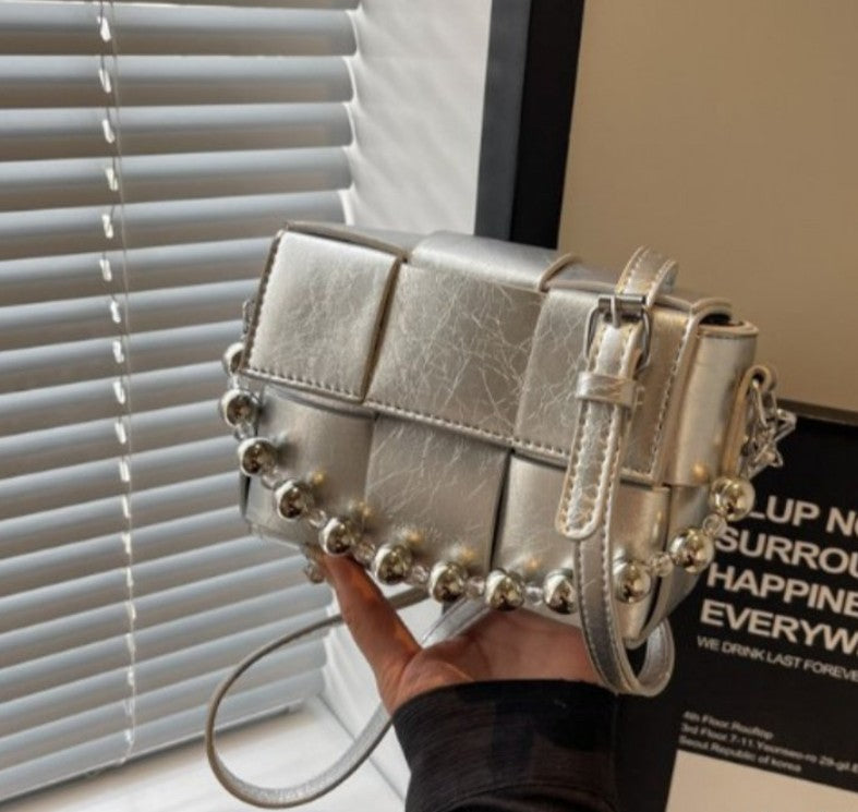 Silver Woven Mini Crossbody Bag - Metallic woven trendy silver handbag