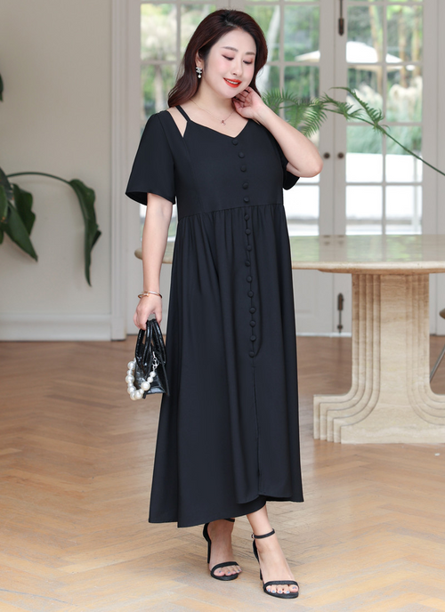 (3XL-8XL) Plus Size Exposed Shoulder Black Midi Dress (Extra Big Size)