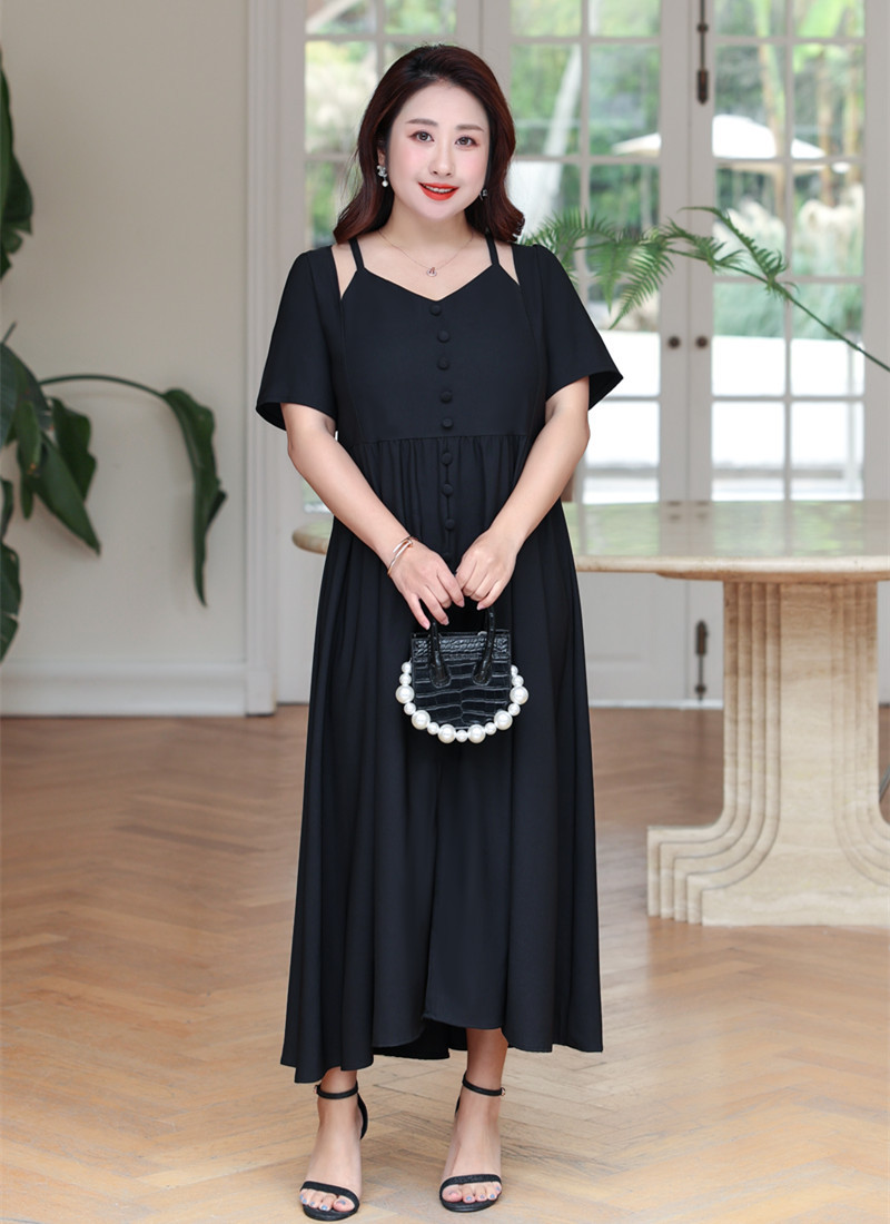 (3XL-8XL) Plus Size Exposed Shoulder Black Midi Dress (Extra Big Size)