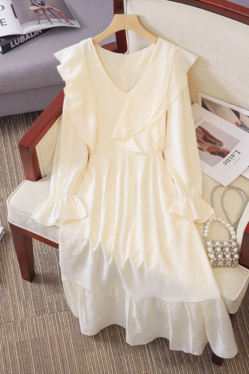 Plus Size White Frills Long Sleeve Dress