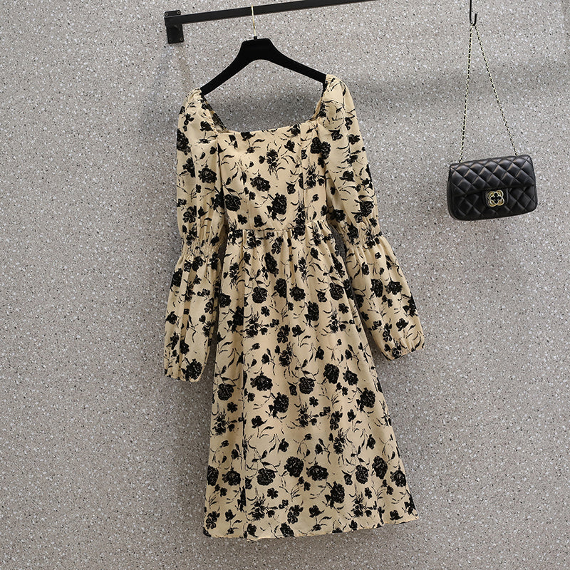 Plus Size Floral Korean Puff Sleeves Slim Dress