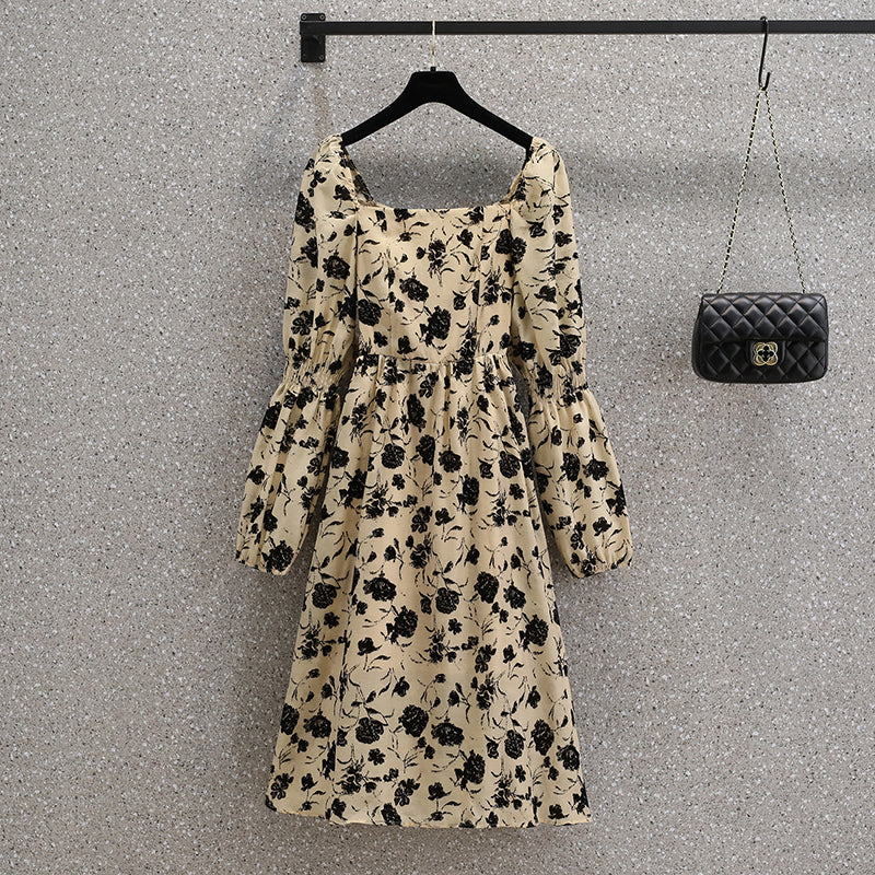 Plus Size Floral Korean Puff Sleeves Slim Dress
