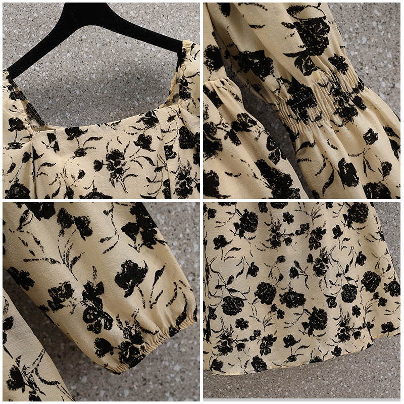 Plus Size Floral Korean Puff Sleeves Slim Dress
