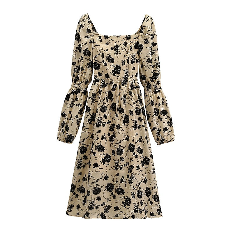 Plus Size Floral Korean Puff Sleeves Slim Dress
