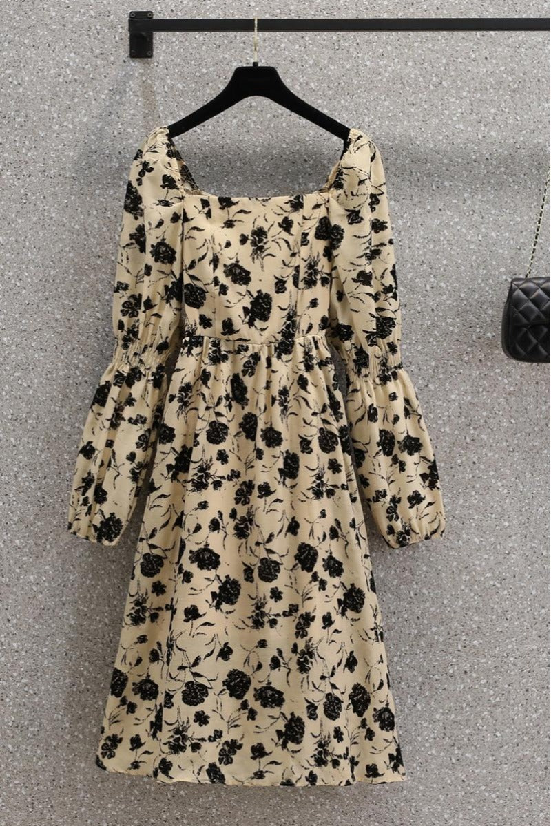 Plus Size Floral Korean Puff Sleeves Slim Dress