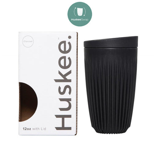 Huskee Coffee Cup + Lid Charcoal/Natural [360ml/12oz] Eco-Friendly Non Toxic