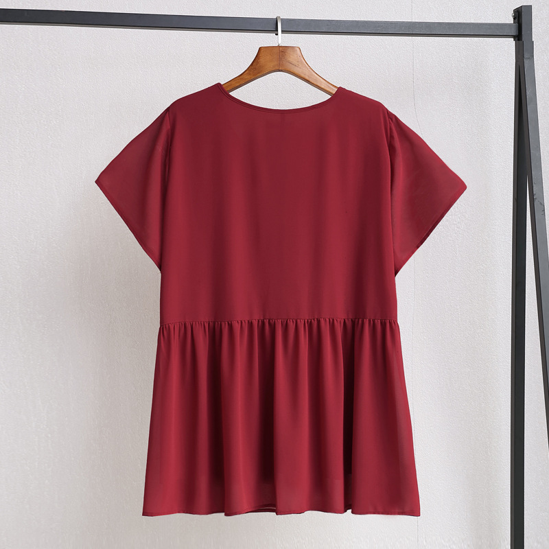 (4XL-10XL) Plus Size Red Round Neck Chiffon Short Sleeve Blouse (EXTRA BIG SIZE)