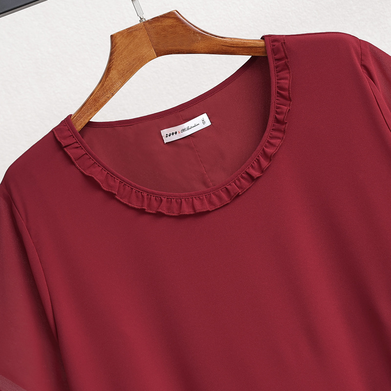 (4XL-10XL) Plus Size Red Round Neck Chiffon Short Sleeve Blouse (EXTRA BIG SIZE)
