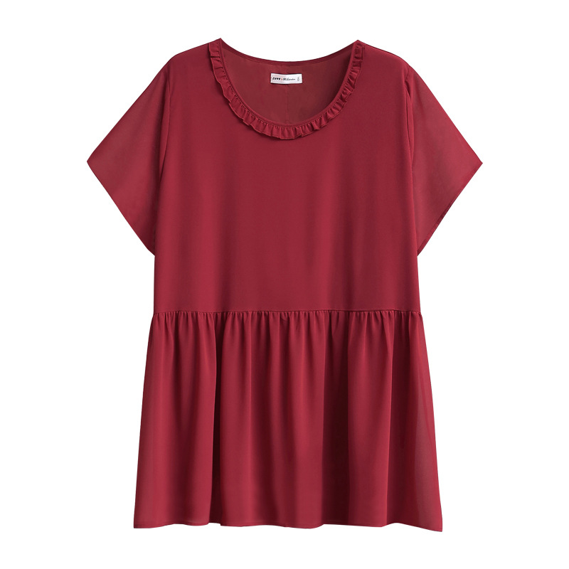 (4XL-10XL) Plus Size Red Round Neck Chiffon Short Sleeve Blouse (EXTRA BIG SIZE)