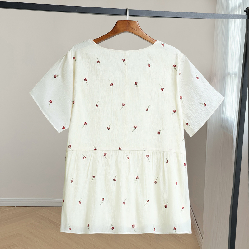 (4XL-10XL) Plus Size Rose Embroidery Cream Short Sleeve Blouse (EXTRA BIG SIZE)