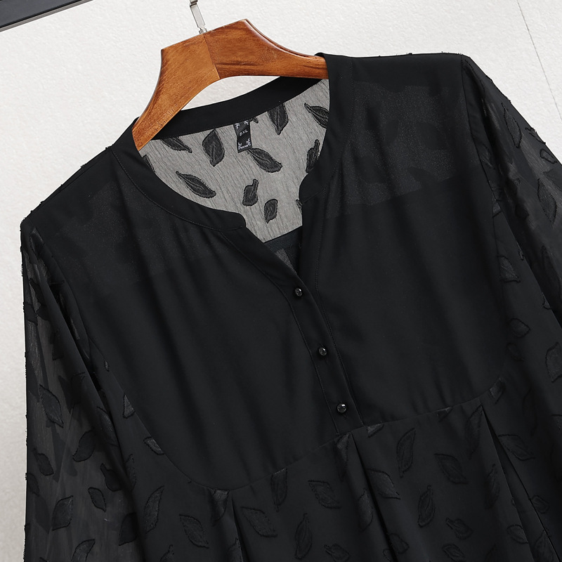(4XL-10XL) Plus Size See Through Black Chiffon 3/4 Sleeve Blouse (EXTRA BIG SIZE)