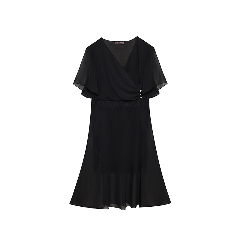 (4XL-8XL) Plus Size Black Chiffon Wrap Midi Dress (Extra Big Size)