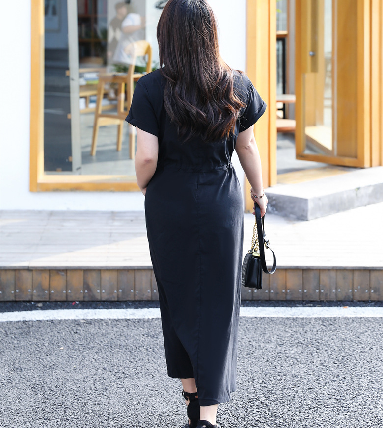 (4XL-8XL) Plus Size Black Midi Short Sleeve Shirt Dress (Extra Big Size)