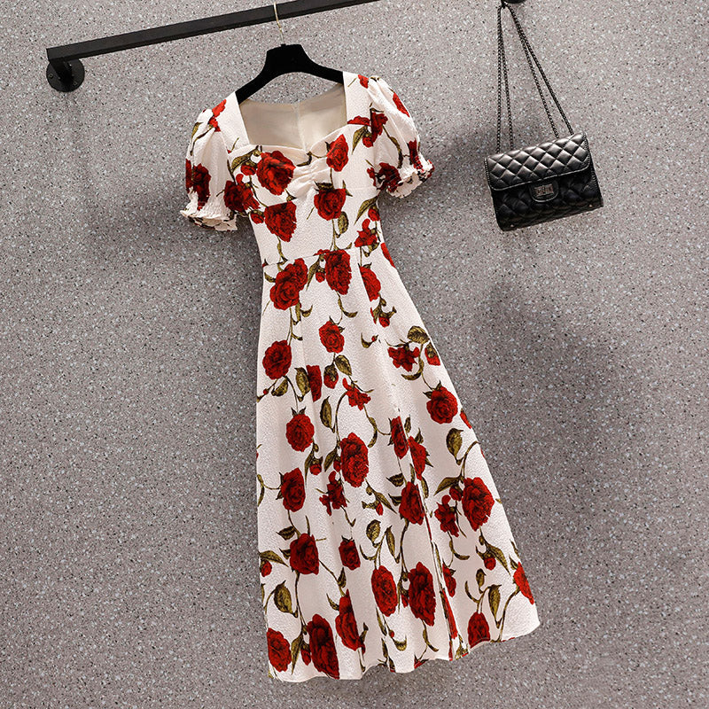 Plus Size Rose Square Collar Floral Split Dress
