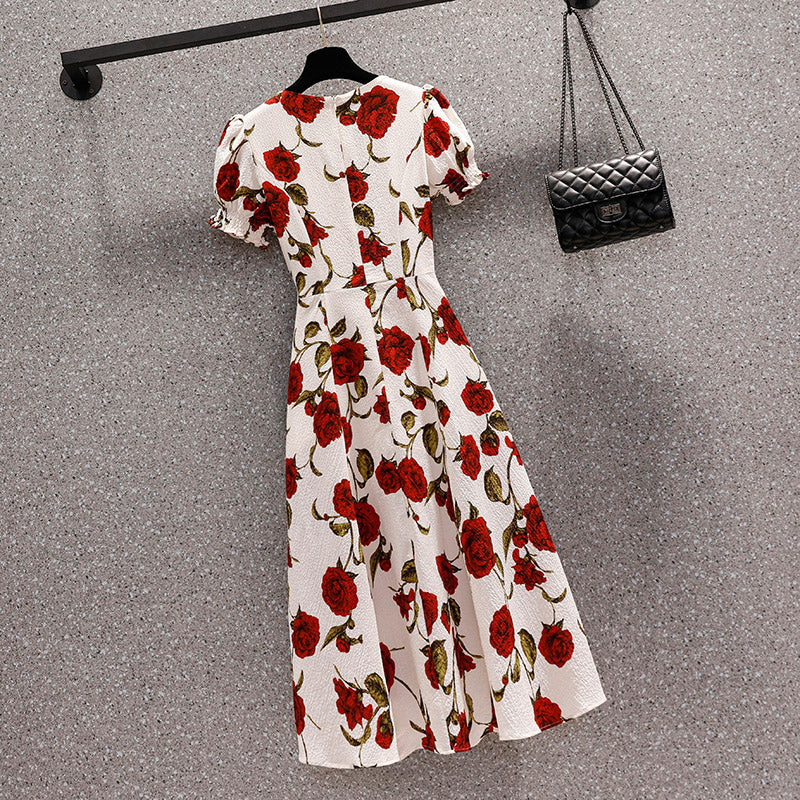 Plus Size Rose Square Collar Floral Split Dress