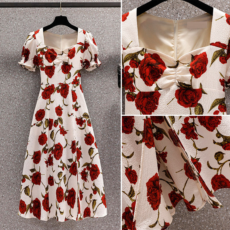Plus Size Rose Square Collar Floral Split Dress