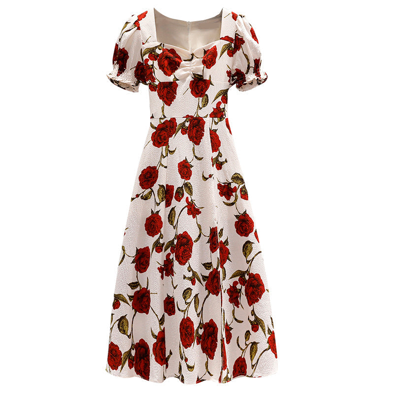 Plus Size Rose Square Collar Floral Split Dress
