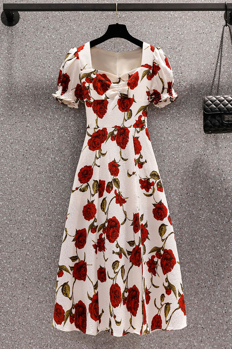 Plus Size Rose Square Collar Floral Split Dress