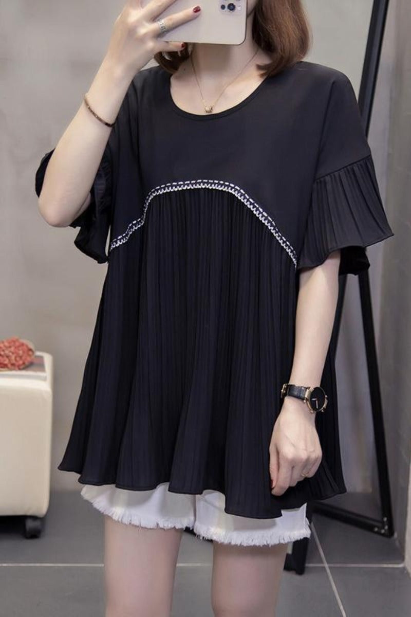 Plus Size Babydoll Pleat Loose Blouse