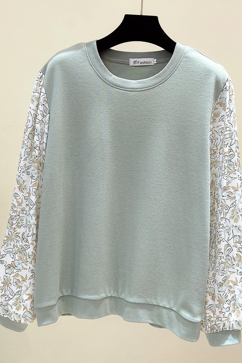 Plus Size Blue Floral Long Sleeve Blouse