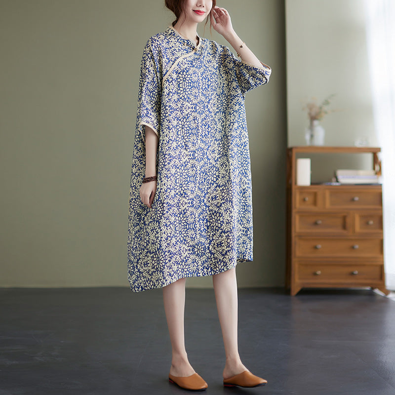 Plus Size Blue Print Cheongsam