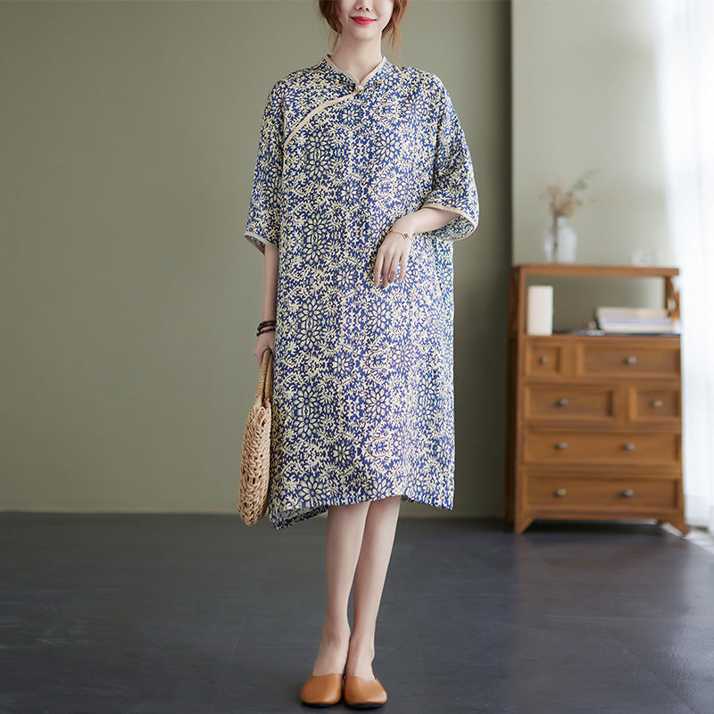 Plus Size Blue Print Cheongsam