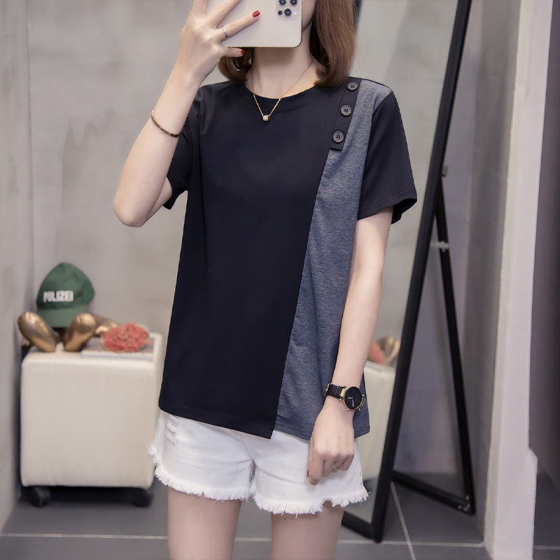 Plus Size Buttons Colourblock Blouse