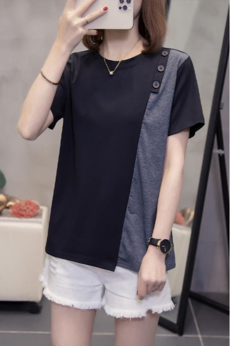 Plus Size Buttons Colourblock Blouse
