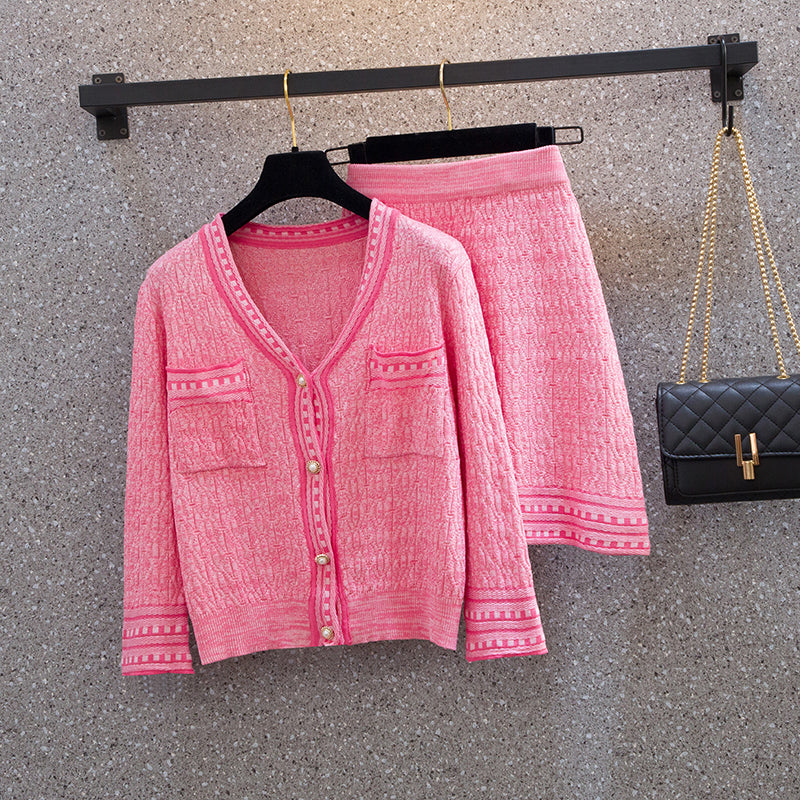 Plus Size Chanelesque Knit Cardigan Top and Matching Skirt Set