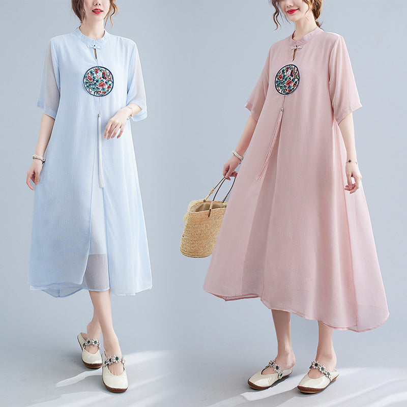 Plus Size Chinese Embroidery Crepe Cheongsam Dress