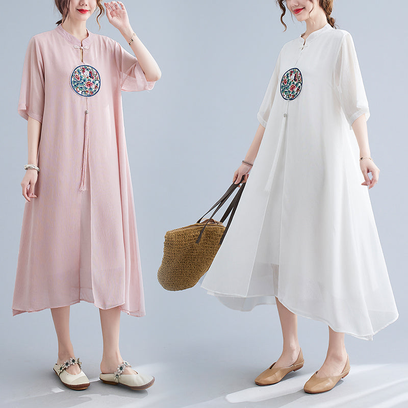 Plus Size Chinese Embroidery Crepe Cheongsam Dress
