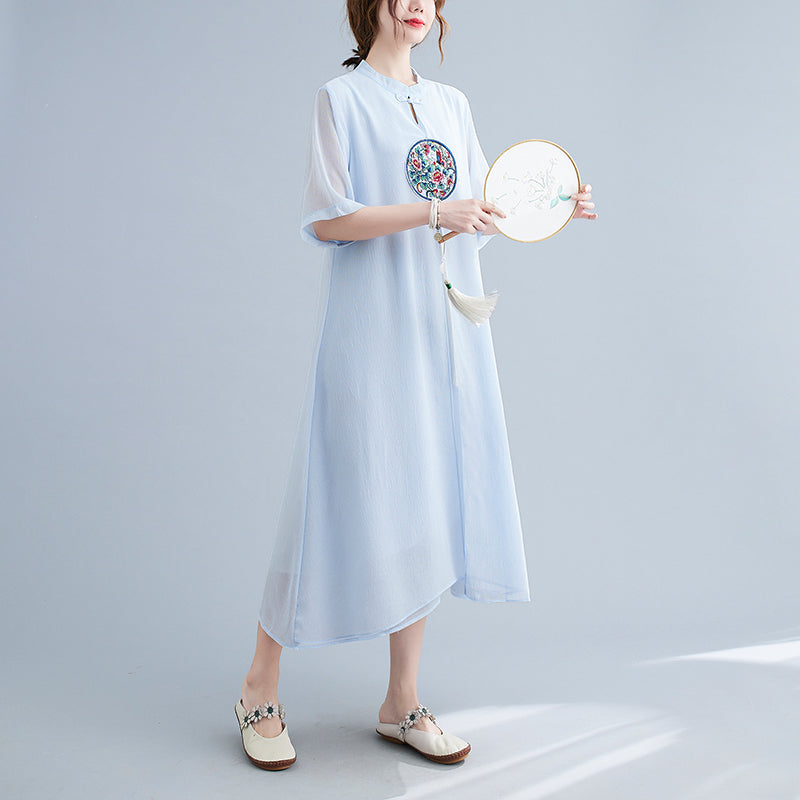 Plus Size Chinese Embroidery Crepe Cheongsam Dress