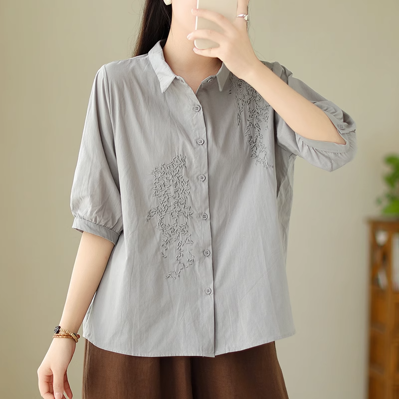 Plus Size Cotton Linen Embroidery Shirt Blouse