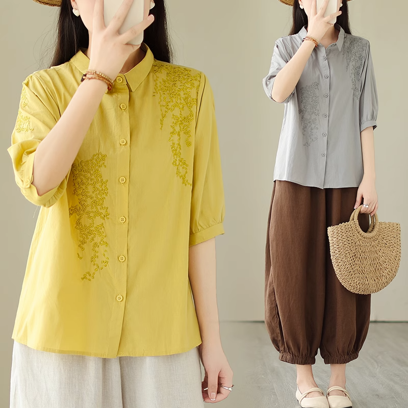 Plus Size Cotton Linen Embroidery Shirt Blouse