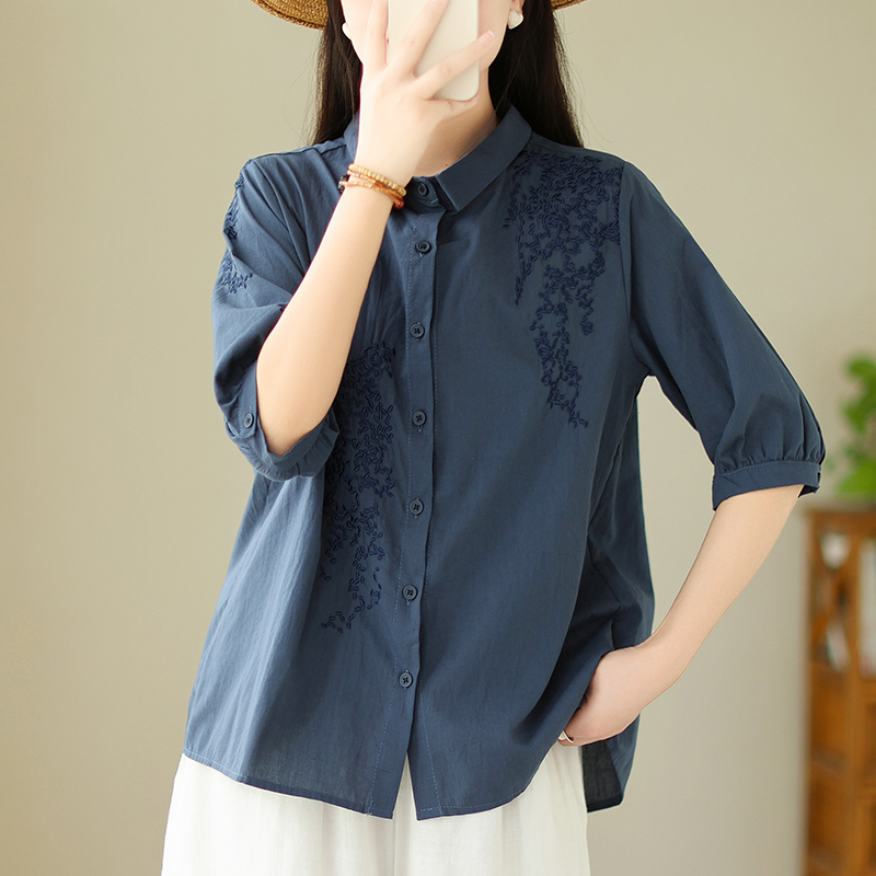 Plus Size Cotton Linen Embroidery Shirt Blouse
