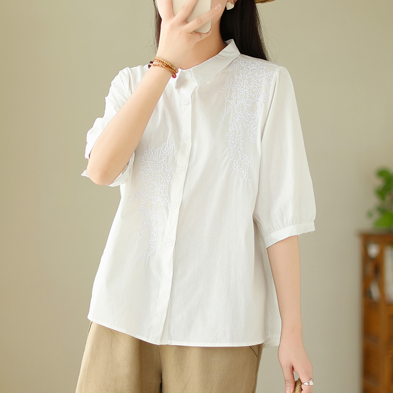 Plus Size Cotton Linen Embroidery Shirt Blouse